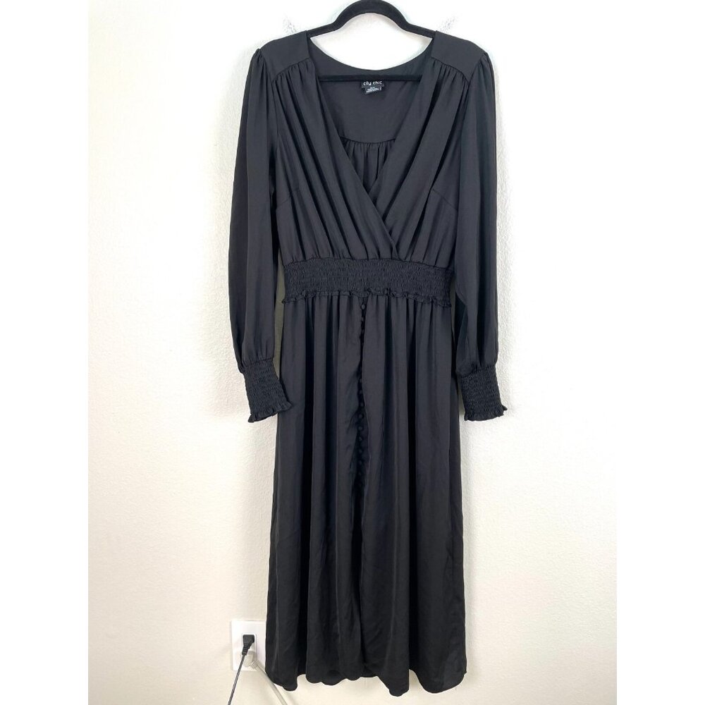 City Chic Dress Plus 16 Black Satin Midi Button Long Sleeve V Neck